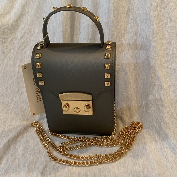 Elegant Gold RockStudded, Chain Strap, Crossbody Top Handle Bag Steel Gray NWT - Picture 1 of 14